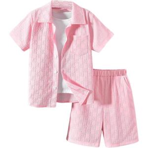 imageBoys 2 Piece Beach Vacation Textured Linen Outfit Short Sleeve Button Down Shirt Top and Shorts Summer SetPure Pink