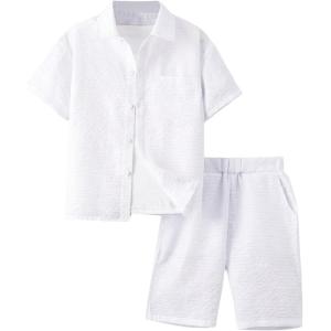imageBoys 2 Piece Beach Vacation Textured Linen Outfit Short Sleeve Button Down Shirt Top and Shorts Summer SetPure White