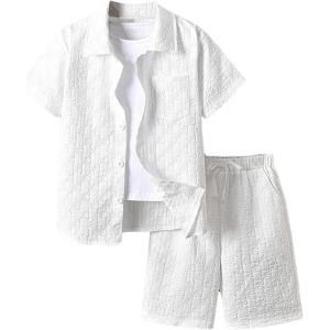 imageBoys 2 Piece Beach Vacation Textured Linen Outfit Short Sleeve Button Down Shirt Top and Shorts Summer SetWhite