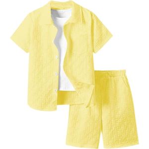 imageBoys 2 Piece Beach Vacation Textured Linen Outfit Short Sleeve Button Down Shirt Top and Shorts Summer SetYellow