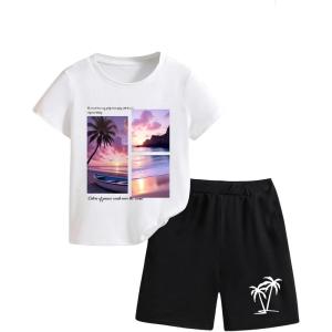 imageBoys 2 Piece Outfits Floral Print Short Sleeve Crewneck T Shirt and Shorts Set Summer OutfitsBlack White Graphic