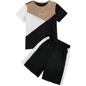imageBoys 2 Piece Outfits Floral Print Short Sleeve Crewneck T Shirt and Shorts Set Summer OutfitsBlack and Brown