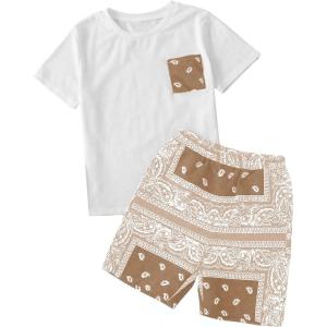 imageBoys 2 Piece Outfits Floral Print Short Sleeve Crewneck T Shirt and Shorts Set Summer OutfitsKhaki Paisley
