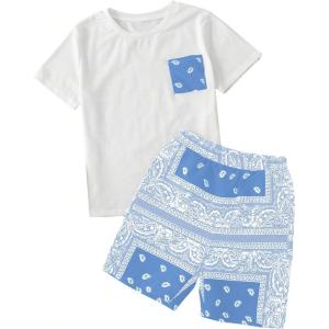 imageBoys 2 Piece Outfits Floral Print Short Sleeve Crewneck T Shirt and Shorts Set Summer OutfitsLight Blue