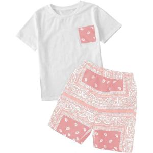 imageBoys 2 Piece Outfits Floral Print Short Sleeve Crewneck T Shirt and Shorts Set Summer OutfitsPink