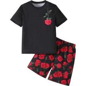 imageBoys 2 Piece Outfits Floral Print Short Sleeve Crewneck T Shirt and Shorts Set Summer OutfitsRed and Black