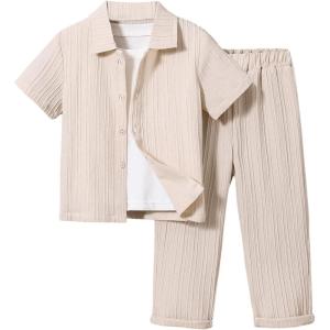 imageBoys 2 Piece Outfits Textured Button Down Short Sleeve Collar Shirts Tops and Elastic Waisted PantsBeige