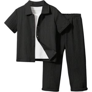 imageBoys 2 Piece Outfits Textured Button Down Short Sleeve Collar Shirts Tops and Elastic Waisted PantsBlack