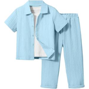 imageBoys 2 Piece Outfits Textured Button Down Short Sleeve Collar Shirts Tops and Elastic Waisted PantsBlue