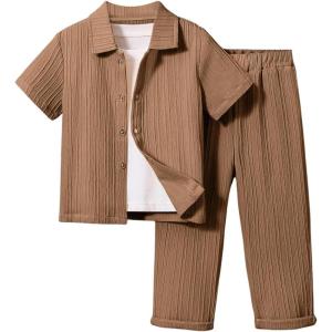 imageBoys 2 Piece Outfits Textured Button Down Short Sleeve Collar Shirts Tops and Elastic Waisted PantsBrown
