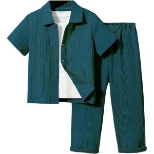 imageBoys 2 Piece Outfits Textured Button Down Short Sleeve Collar Shirts Tops and Elastic Waisted PantsDark Green