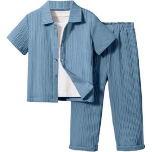 imageBoys 2 Piece Outfits Textured Button Down Short Sleeve Collar Shirts Tops and Elastic Waisted PantsDusty Blue