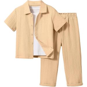 imageBoys 2 Piece Outfits Textured Button Down Short Sleeve Collar Shirts Tops and Elastic Waisted PantsKhaki