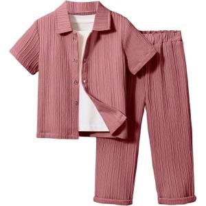 imageBoys 2 Piece Outfits Textured Button Down Short Sleeve Collar Shirts Tops and Elastic Waisted PantsLight Pink