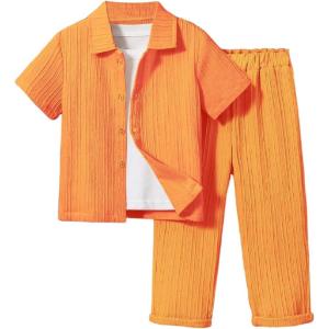 imageBoys 2 Piece Outfits Textured Button Down Short Sleeve Collar Shirts Tops and Elastic Waisted PantsOrange