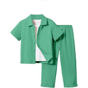 imageBoys 2 Piece Outfits Textured Button Down Short Sleeve Collar Shirts Tops and Elastic Waisted PantsPlain Green