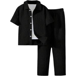 imageBoys 2 Piece Outfits Textured Button Down Short Sleeve Collar Shirts Tops and Elastic Waisted PantsPure Black