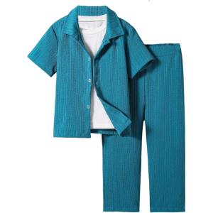 imageBoys 2 Piece Outfits Textured Button Down Short Sleeve Collar Shirts Tops and Elastic Waisted PantsPure Blue