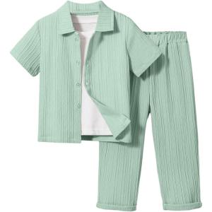 imageBoys 2 Piece Outfits Textured Button Down Short Sleeve Collar Shirts Tops and Elastic Waisted PantsPure Green