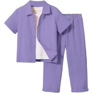imageBoys 2 Piece Outfits Textured Button Down Short Sleeve Collar Shirts Tops and Elastic Waisted PantsPurple