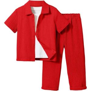 imageBoys 2 Piece Outfits Textured Button Down Short Sleeve Collar Shirts Tops and Elastic Waisted PantsRed