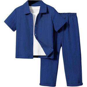 imageBoys 2 Piece Outfits Textured Button Down Short Sleeve Collar Shirts Tops and Elastic Waisted PantsRoyal Blue