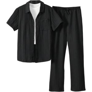 imageBoys 2 Piece Outfits Textured Button Down Short Sleeve Collar Shirts Tops and Elastic Waisted PantsSolid Black