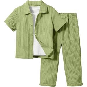 imageBoys 2 Piece Outfits Textured Button Down Short Sleeve Collar Shirts Tops and Elastic Waisted PantsSolid Green
