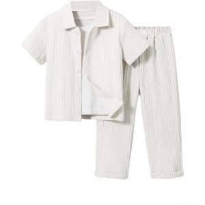 imageBoys 2 Piece Outfits Textured Button Down Short Sleeve Collar Shirts Tops and Elastic Waisted PantsWhite
