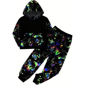 imageBoys 2 Piece Reflective Splash Ink Print Long Sleeve Hoodie Sweatshirts and Sweatpants SetBlack