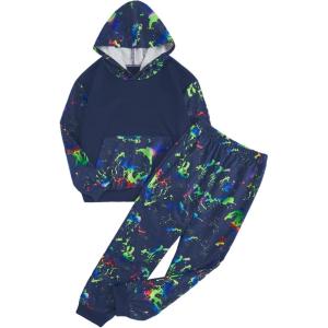 imageBoys 2 Piece Reflective Splash Ink Print Long Sleeve Hoodie Sweatshirts and Sweatpants SetDeep Blue