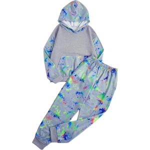imageBoys 2 Piece Reflective Splash Ink Print Long Sleeve Hoodie Sweatshirts and Sweatpants SetGrey