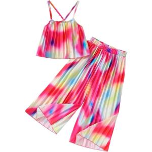imageGirls 2 Piece Boho Outfits Pleated Spaghetti Strap Camisoles and Elastic Waist Wide Leg PantsHot Pink