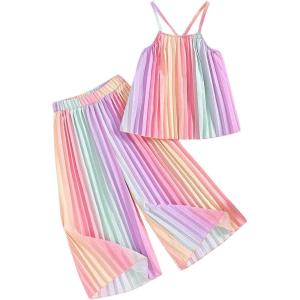 imageGirls 2 Piece Boho Outfits Pleated Spaghetti Strap Camisoles and Elastic Waist Wide Leg PantsPink