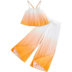 imageGirls 2 Piece Boho Outfits Pleated Spaghetti Strap Camisoles and Elastic Waist Wide Leg PantsYellow