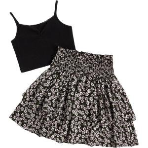 imageGirls 2 Piece Outfits Lace Ruched Camisole Tops and Shirred High Waisted Layered Floral Skirts SetBlack Floral