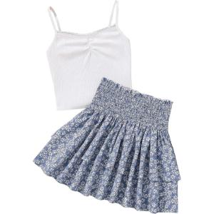 imageGirls 2 Piece Outfits Lace Ruched Camisole Tops and Shirred High Waisted Layered Floral Skirts SetBlue