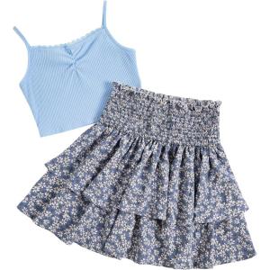 imageGirls 2 Piece Outfits Lace Ruched Camisole Tops and Shirred High Waisted Layered Floral Skirts SetDark Blue