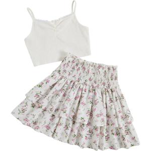 imageGirls 2 Piece Outfits Lace Ruched Camisole Tops and Shirred High Waisted Layered Floral Skirts SetPink and White