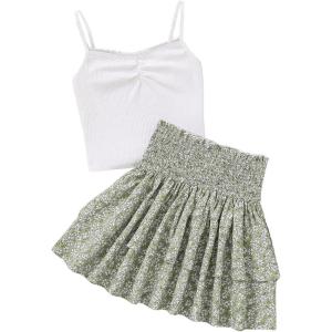 imageGirls 2 Piece Outfits Lace Ruched Camisole Tops and Shirred High Waisted Layered Floral Skirts SetSolid White and Green