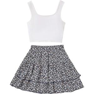 imageGirls 2 Piece Outfits Lace Ruched Camisole Tops and Shirred High Waisted Layered Floral Skirts SetWhite and Black