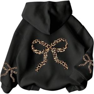 imageGirls Bow Cheetah Leopard Hoodies Long Sleeve Pullover Tops Preppy Cute Sweatshirts HoodiesBow Black