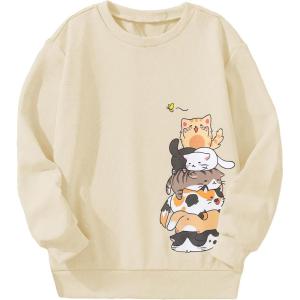 imageGirls Cartoon Graphic Long Sleeve Crewneck Sweatshirts Drop Shoulder Cute Pullover Tops T ShirtApricot