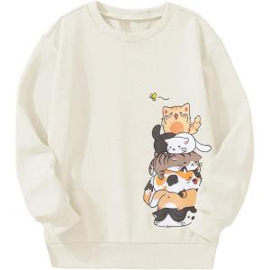 imageGirls Cartoon Graphic Long Sleeve Crewneck Sweatshirts Drop Shoulder Cute Pullover Tops T ShirtBeige
