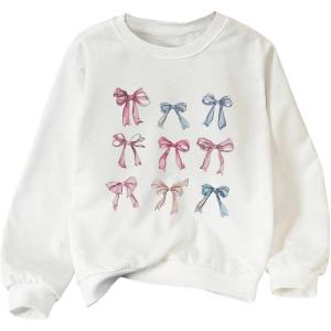 imageGirls Cartoon Graphic Long Sleeve Crewneck Sweatshirts Drop Shoulder Cute Pullover Tops T ShirtBowknot White