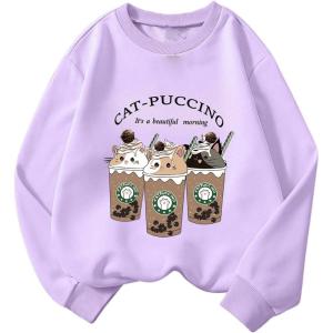 imageGirls Cartoon Graphic Long Sleeve Crewneck Sweatshirts Drop Shoulder Cute Pullover Tops T ShirtLight Purple