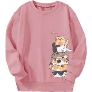 imageGirls Cartoon Graphic Long Sleeve Crewneck Sweatshirts Drop Shoulder Cute Pullover Tops T ShirtPink
