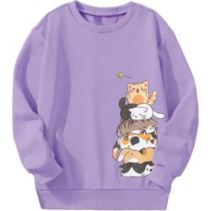 imageGirls Cartoon Graphic Long Sleeve Crewneck Sweatshirts Drop Shoulder Cute Pullover Tops T ShirtPurple