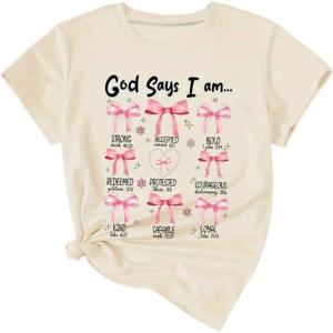imageGirls Graphic Tees Short Sleeve Crewneck T Shirts Casual Summer Tops Cute Preppy ClothesApricot Pink Bow