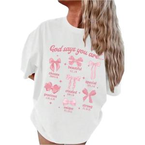 imageGirls Graphic Tees Short Sleeve Crewneck T Shirts Casual Summer Tops Cute Preppy ClothesBow White